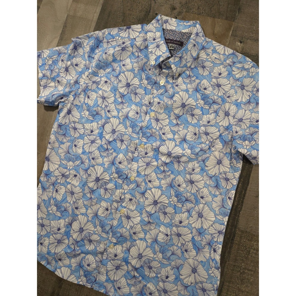 Lords of Harlech Mens Blue White Floral Ginkgo Print Cotton Button Down Shirt M